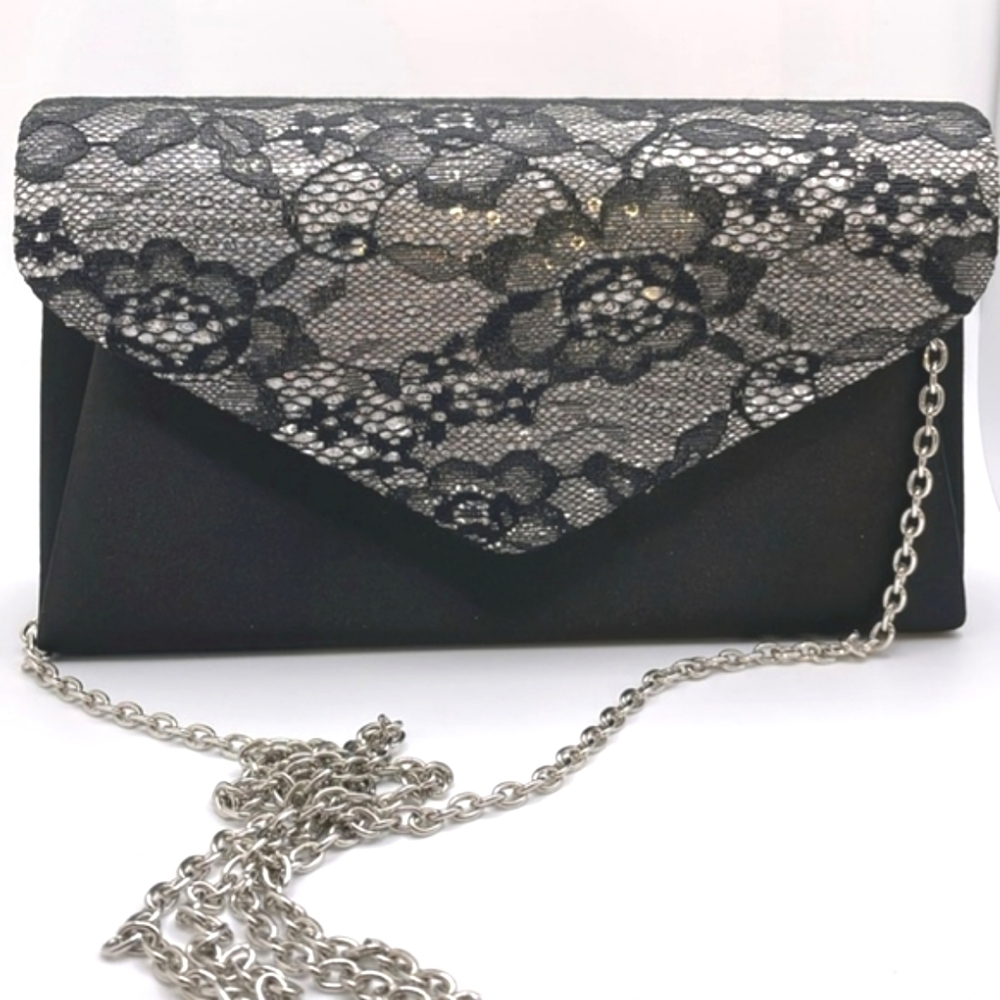 Gunne Sax Jessica McClintock Black Satin & Lace Evening Purse Crossbody Bag
